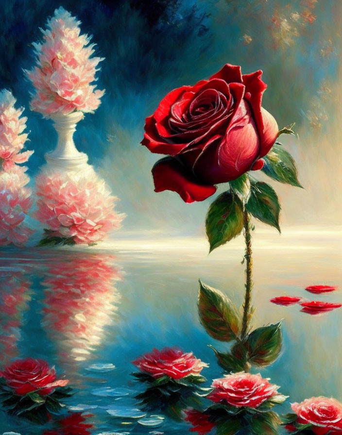 Colorful painting of large red rose with water reflection and smaller roses in white vase.