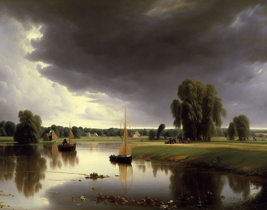 Tranquil river landscape with boats under dramatic sky