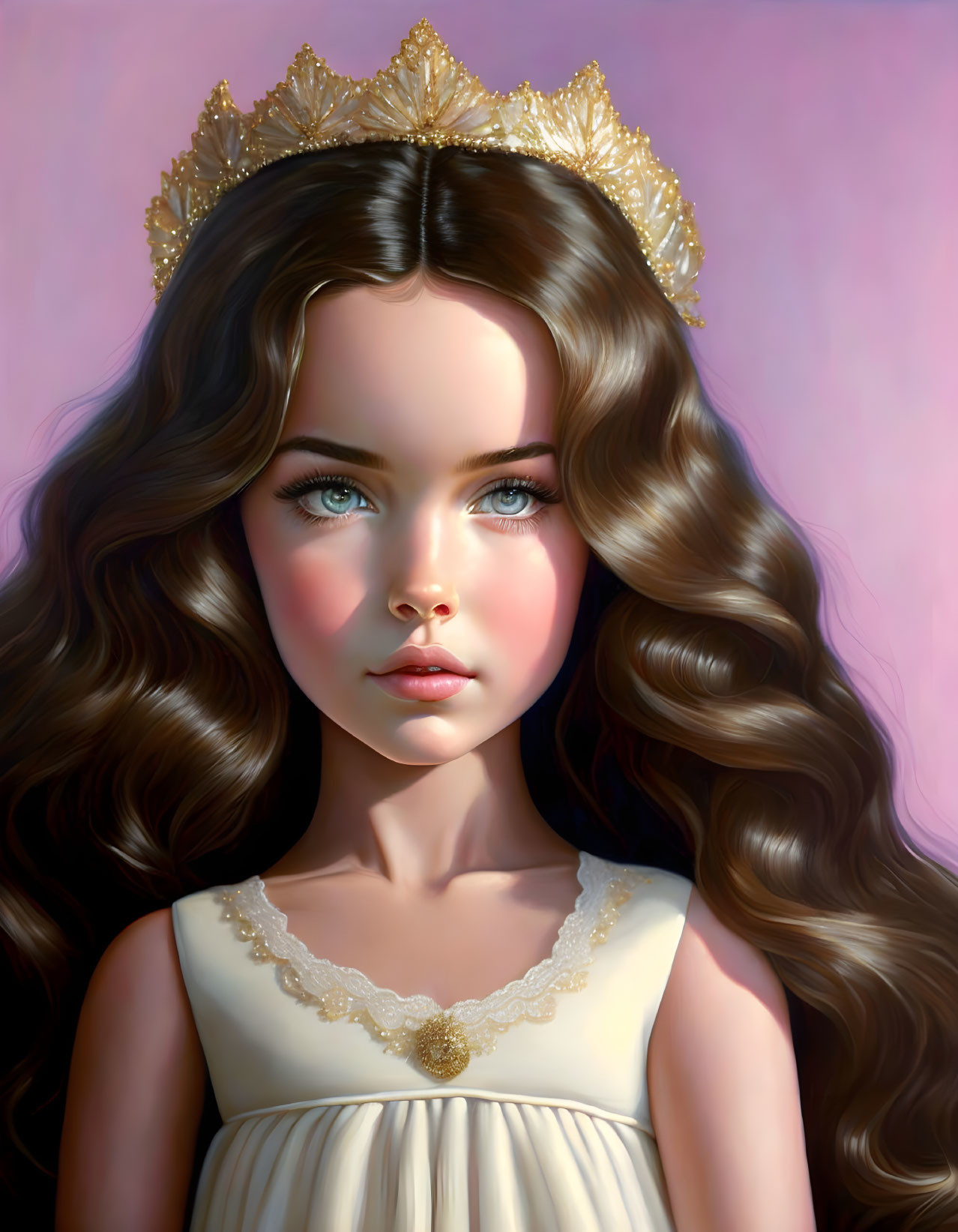 Digital painting of young girl with long wavy hair, blue eyes, gold crown, cream dress