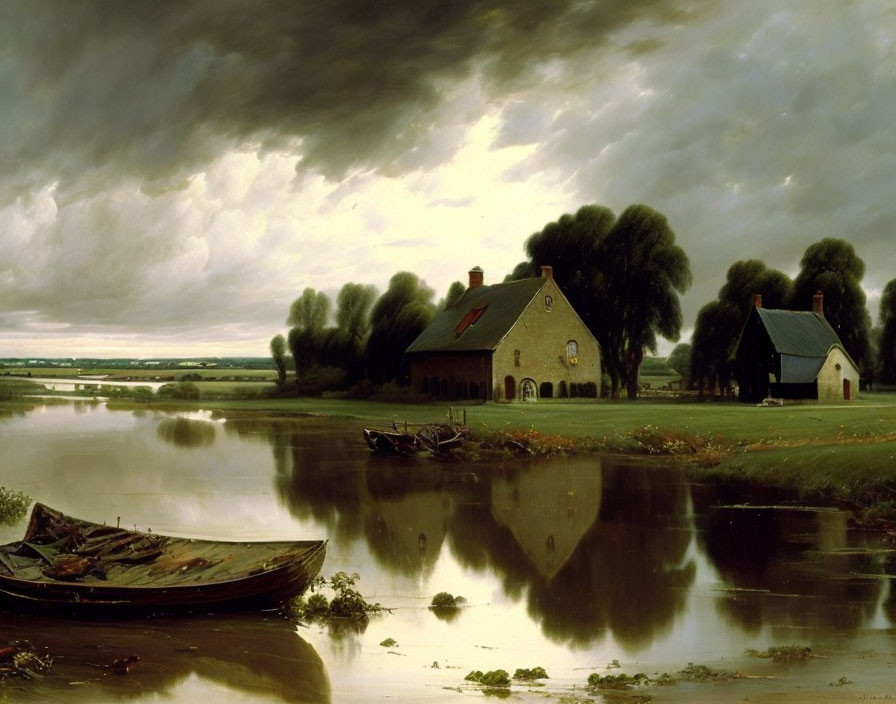 Tranquil painting of riverside cottages under brooding sky