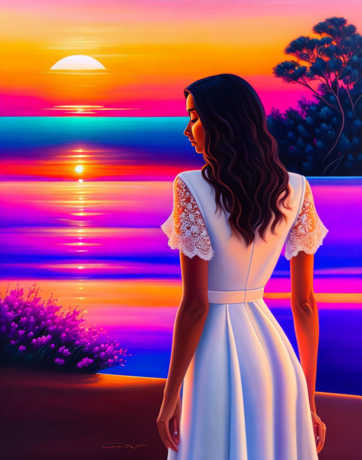 Woman in white dress by tranquil sea at sunset