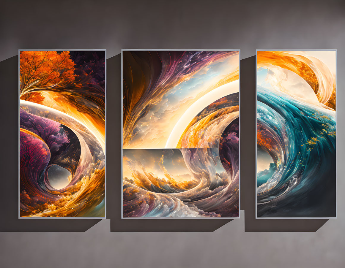 Abstract Canvas Paintings with Vibrant Autumnal Colors on Gray Wall