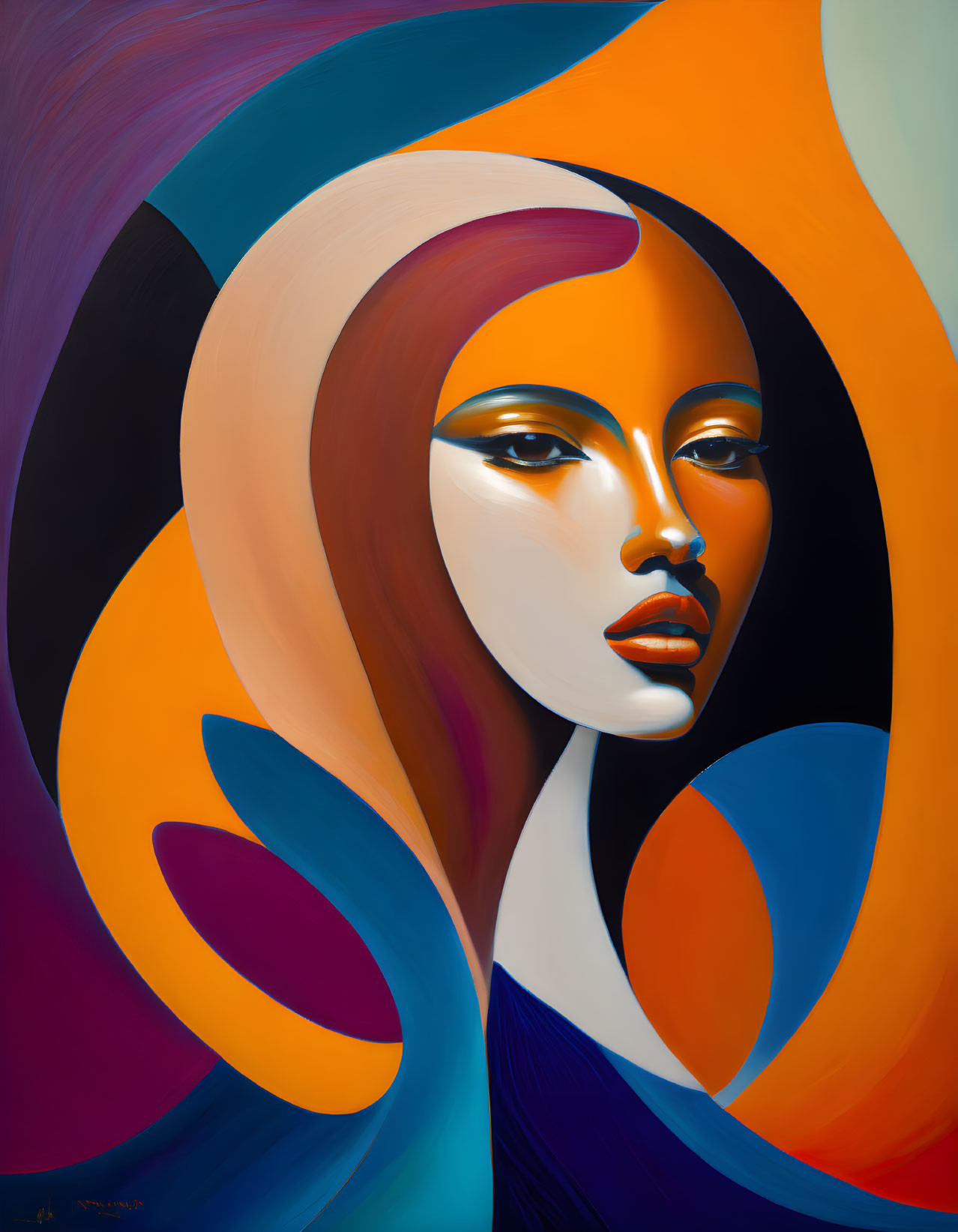 Colorful Abstract Portrait of Woman with Flowing Shapes in Orange, Blue, and Cream