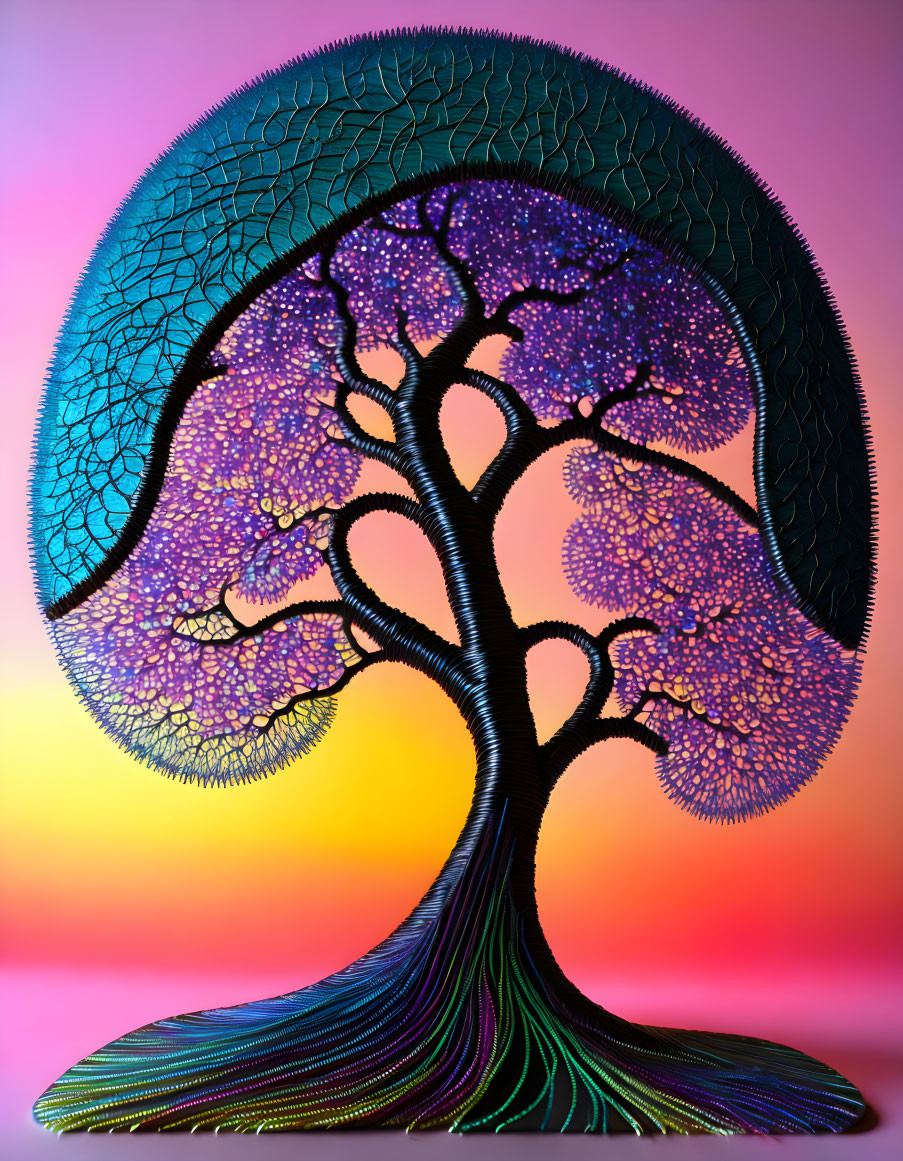 Colorful Stylized Tree with Gradient Background in Purple and Green