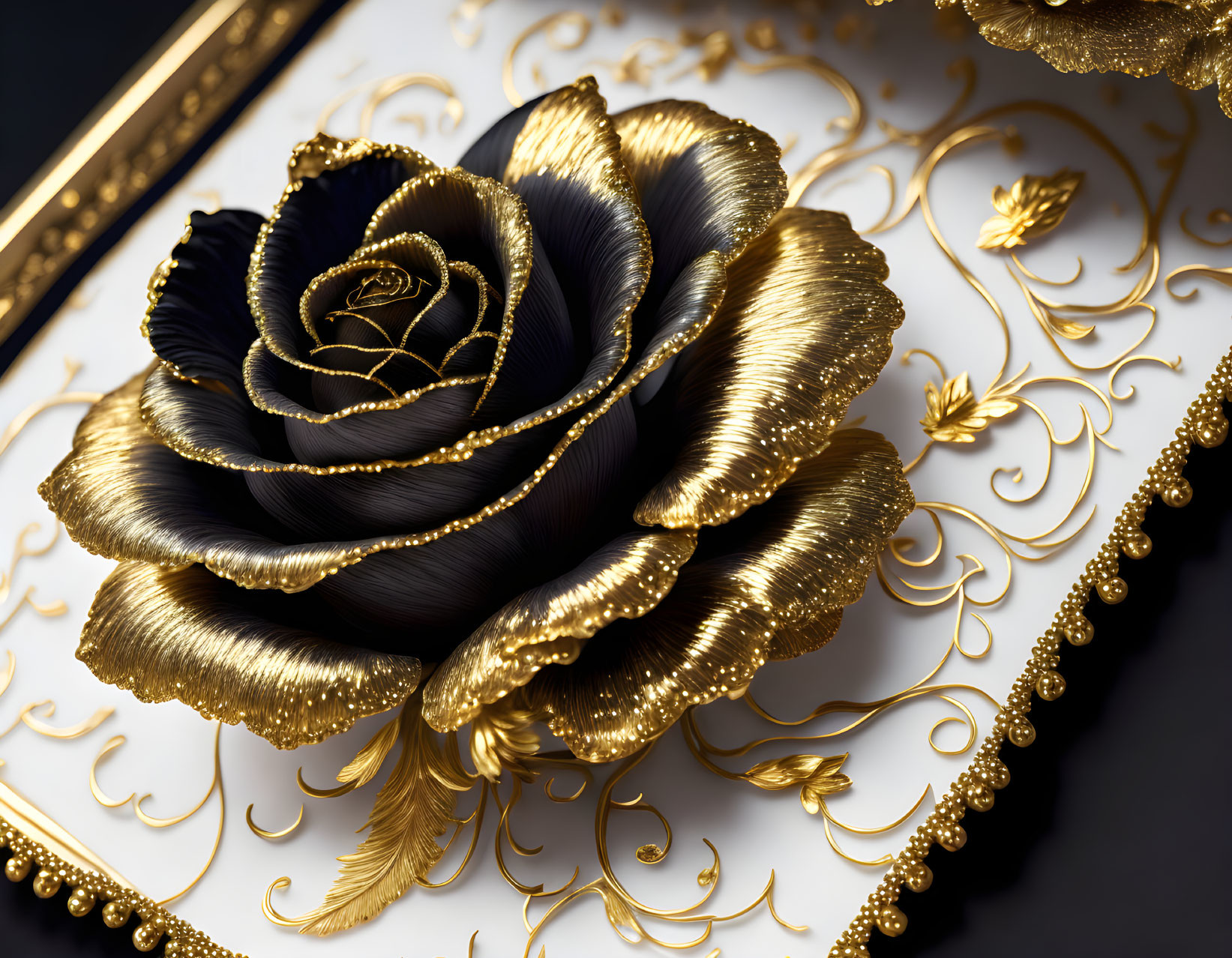 Luxurious Black and Gold Rose on Ornate White Surface