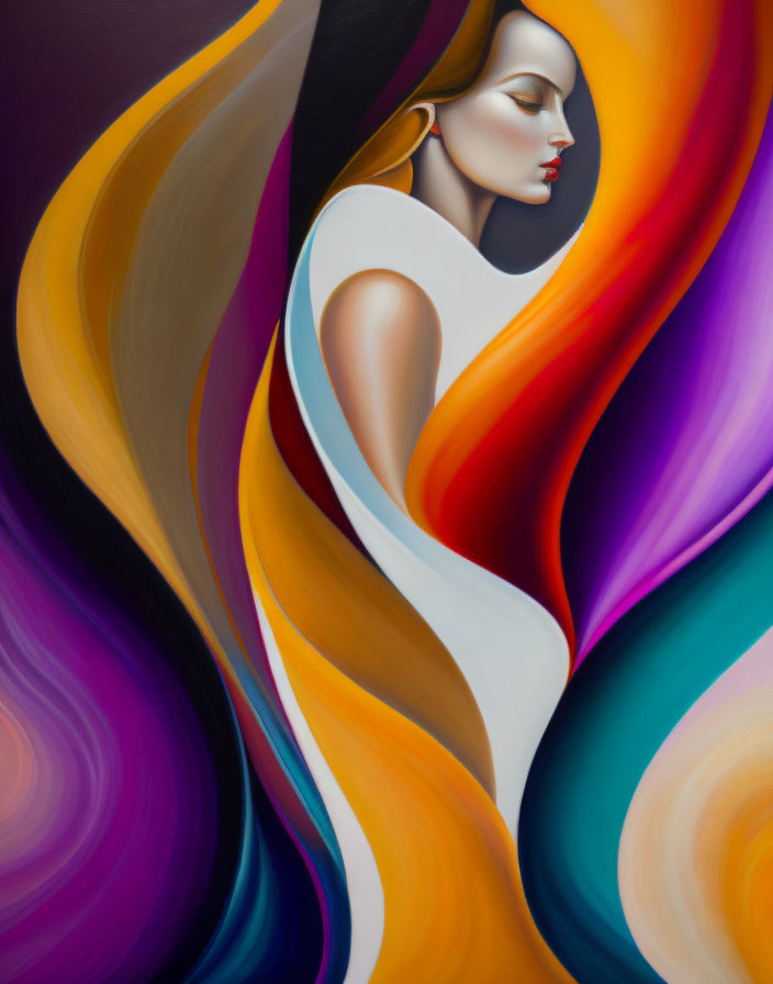 Colorful Abstract Portrait of Woman with Flowing Shapes