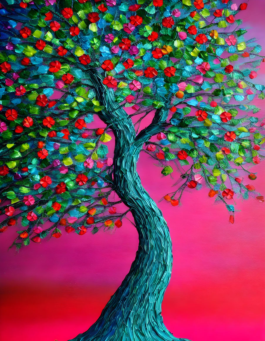 Colorful whimsical tree painting on gradient background