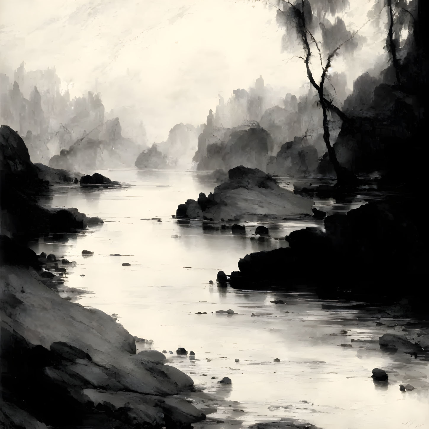 Serene monochrome landscape with river, rocks, reflections, and misty trees