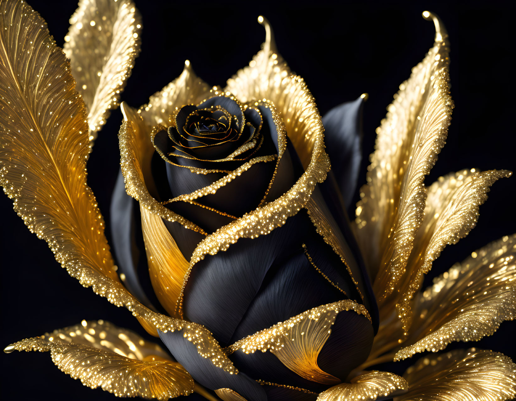 Golden and Black Rose Art: Luxurious Glittering Edges on Dark Background