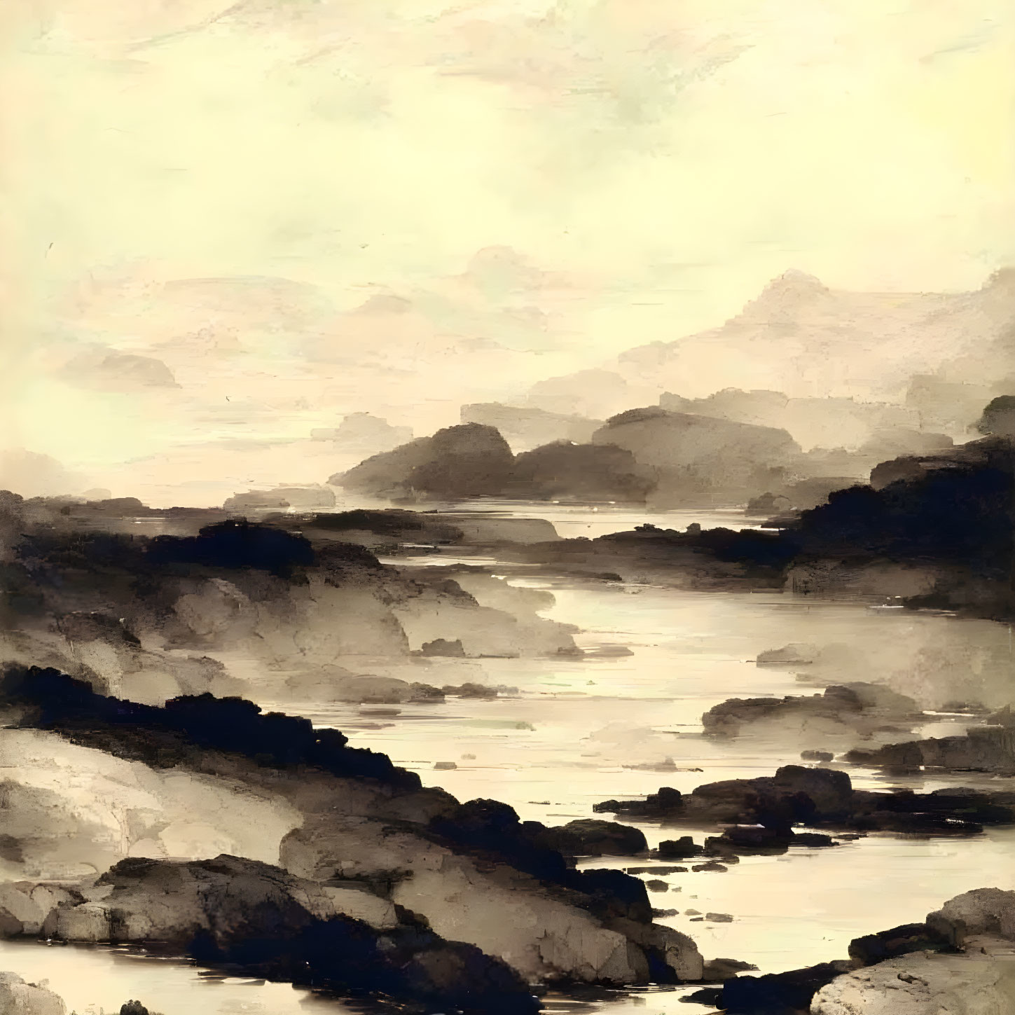 Tranquil watercolor landscape of river and misty hills