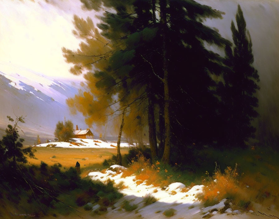 Snowy landscape with tall trees, cabin, sunlight, and colorful vegetation.