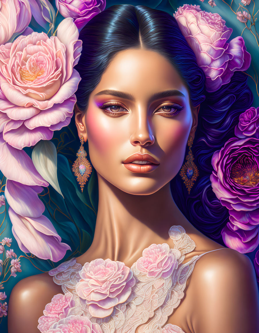 Digital Artwork: Woman with Dark Hair and Floral Attire