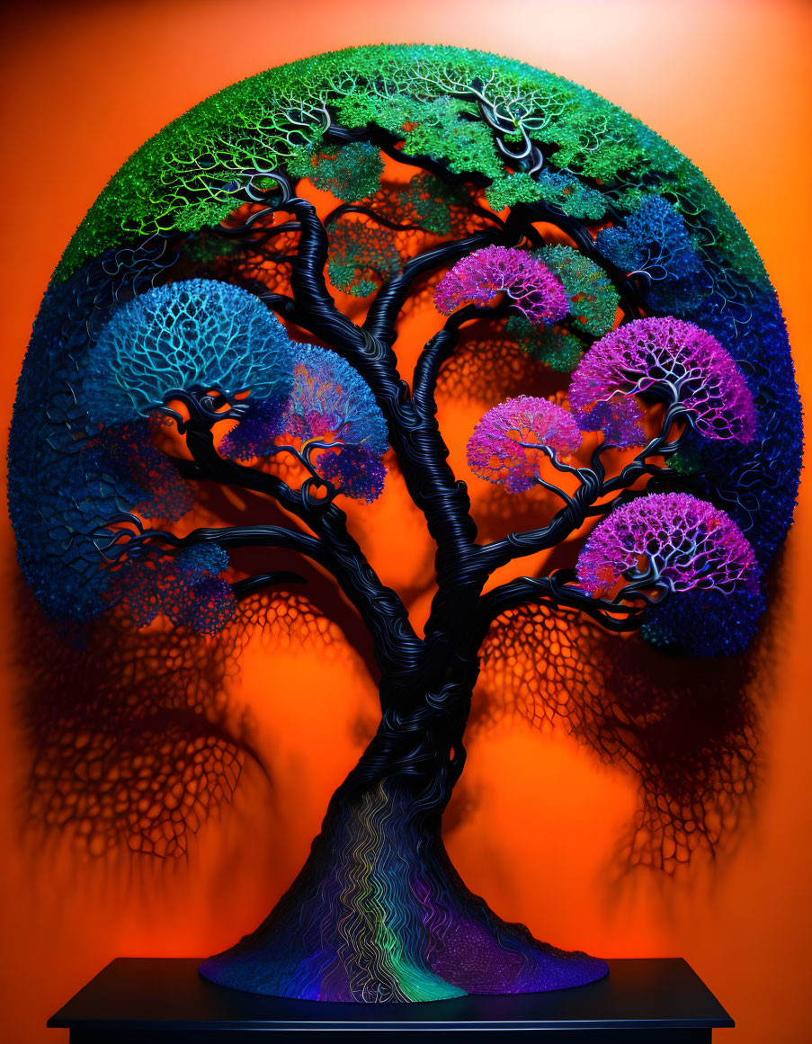 Colorful Stylized Tree Sculpture on Orange Background