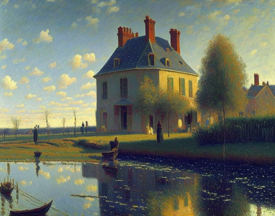 Tranquil twilight landscape with grand house by river