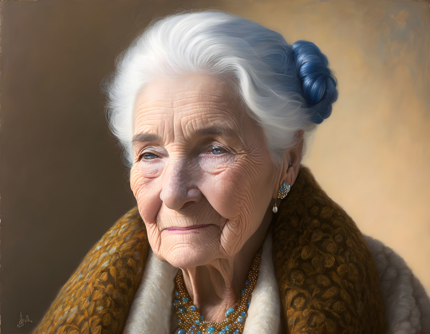 Elderly woman with white hair and fur shawl gazes away