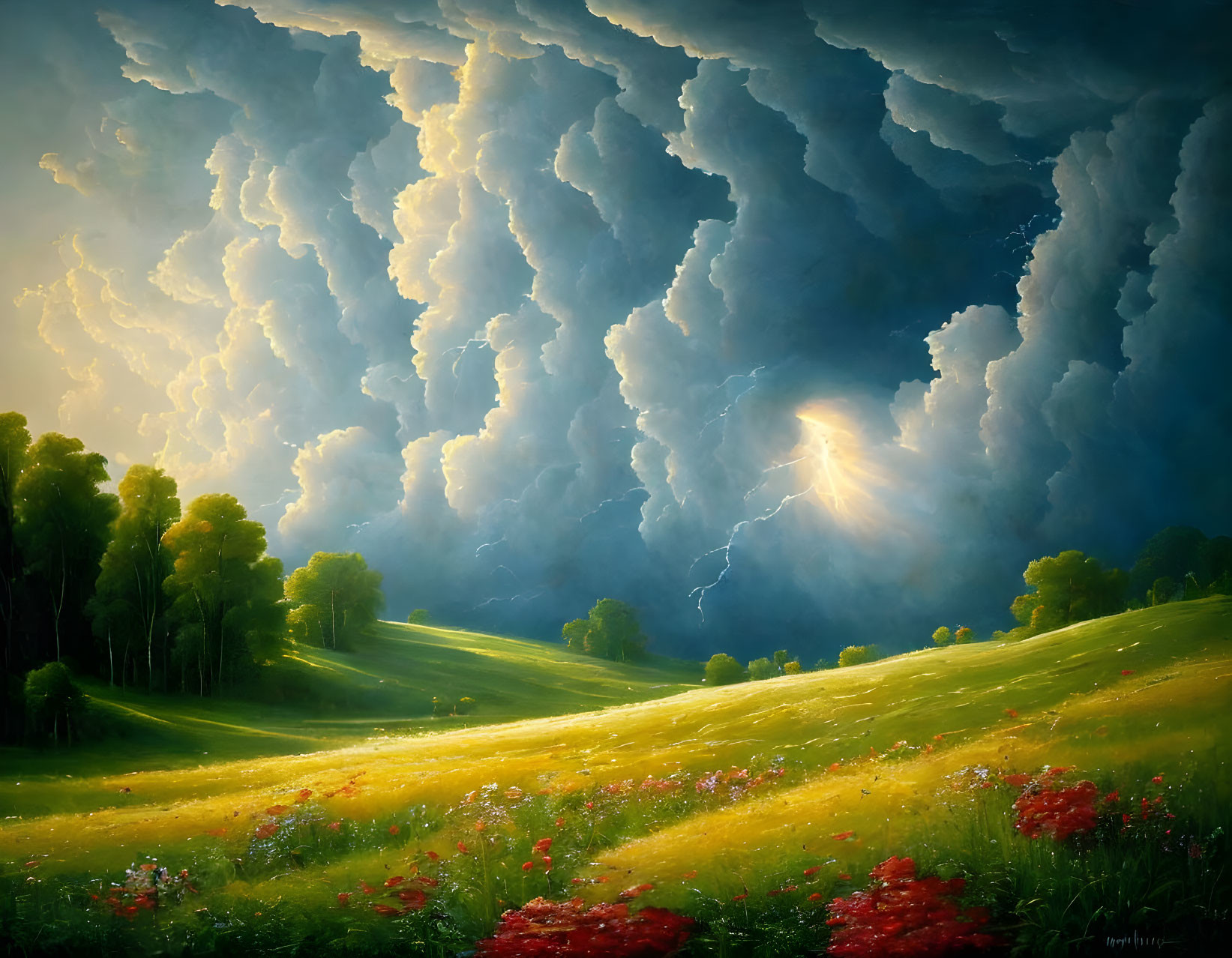 Stormy Sky Painting Above Serene Meadow with Flowers