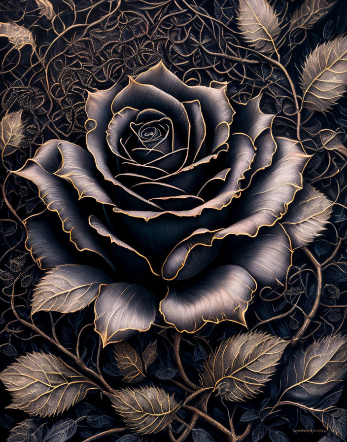 Detailed Black Rose with Gold-Trimmed Petals on Dark Background