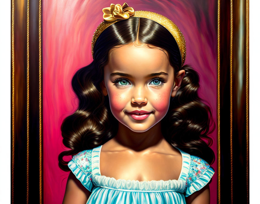 Stylized portrait of young girl with blue eyes and curly brown hair