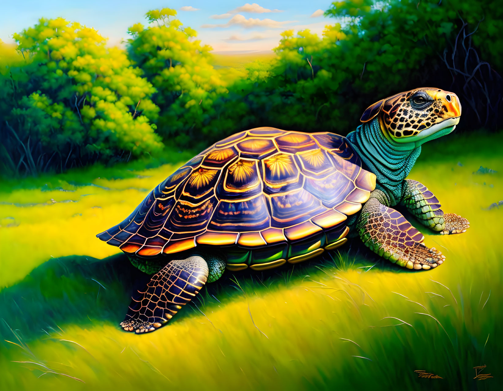 Colorful Sea Turtle Illustration Surrounded by Lush Greenery