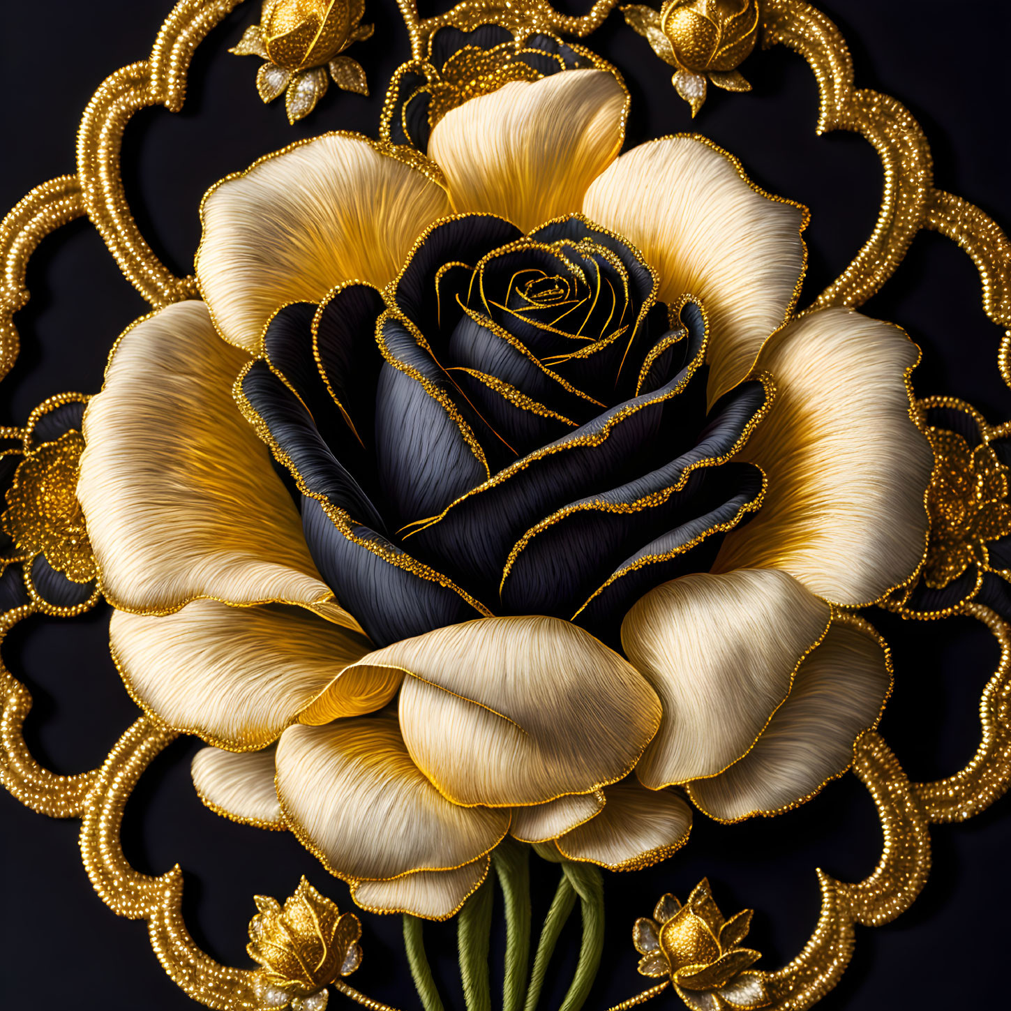 Black Rose Embroidered in Gold #004