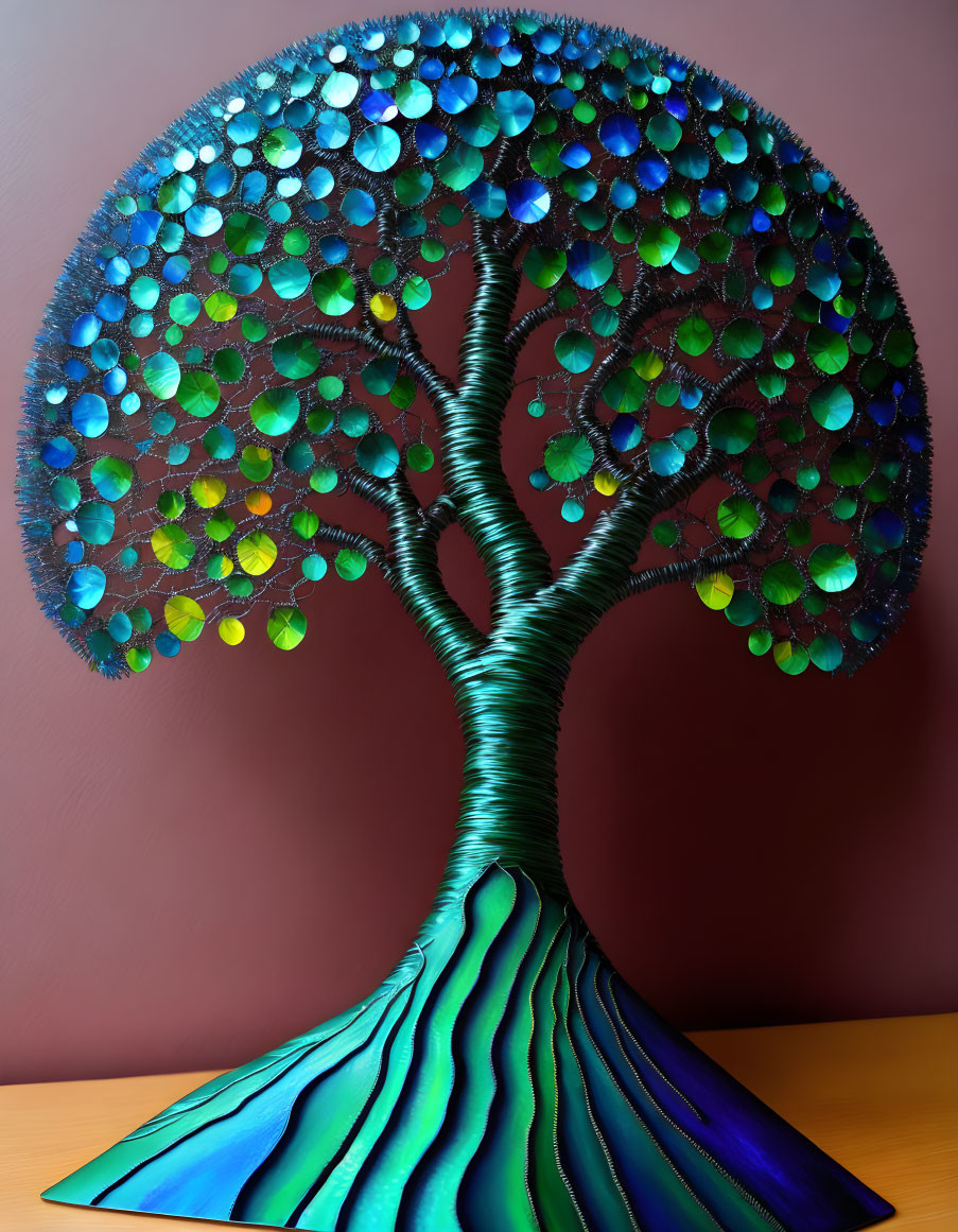 Colorful Tree Sculpture with Circular Leaves on Pink Background