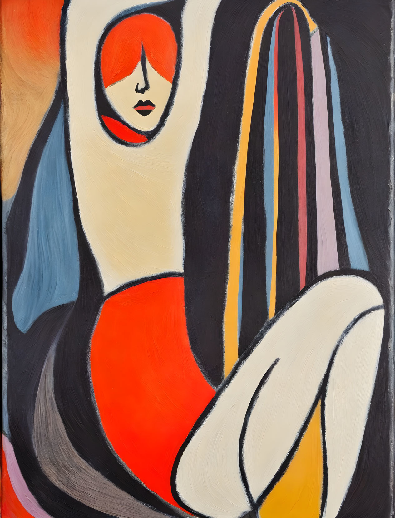 Colorful Abstract Painting with Stylized Female Figure in Red, Black, and Blue Palette