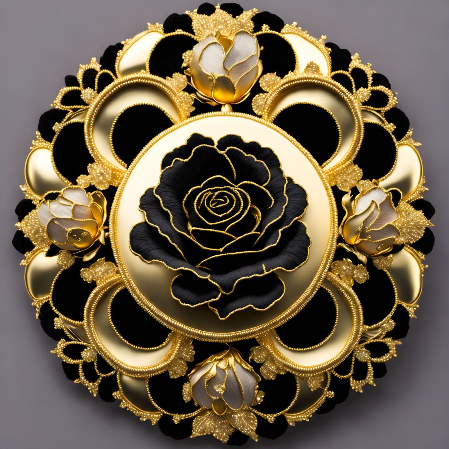 Circular Black Rose Brooch with Gold Accents on Dark Background