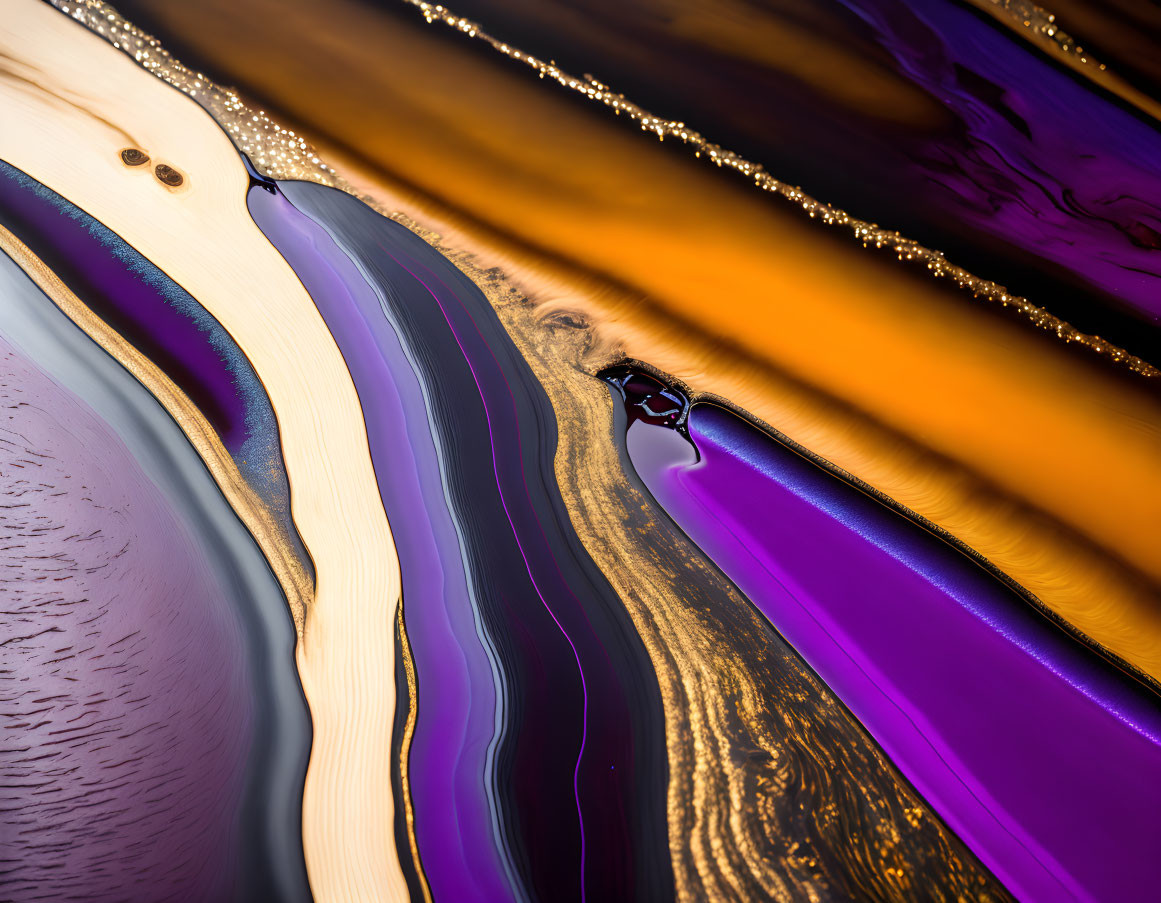 Fluid purple, gold, and black abstract art with marbled textures and glitter accents