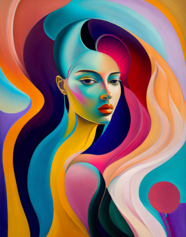 Colorful surrealist painting of woman's face with abstract shapes