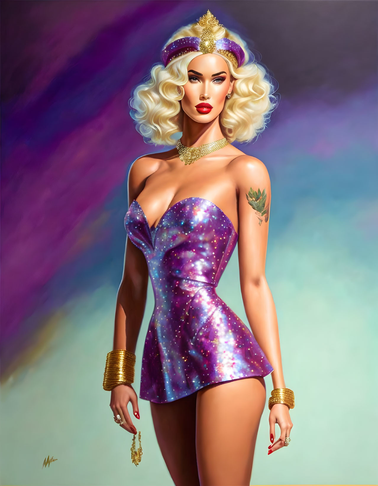 Glamorous woman with blonde hair in galaxy-themed dress and crown