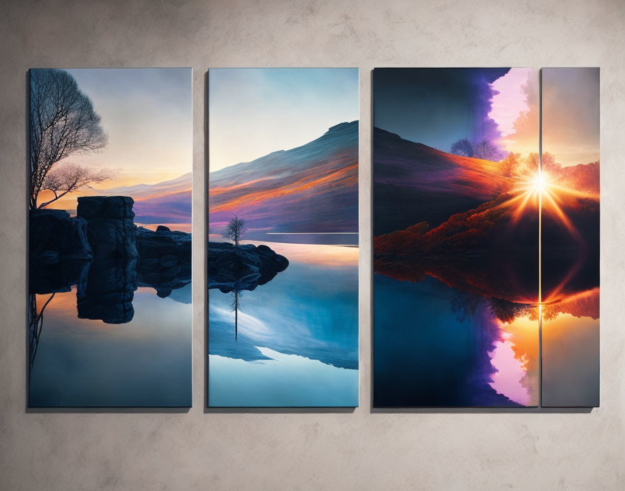 Serene Landscape Three-Panel Wall Art with Tree, Mountain, Sunset, and Water Reflection