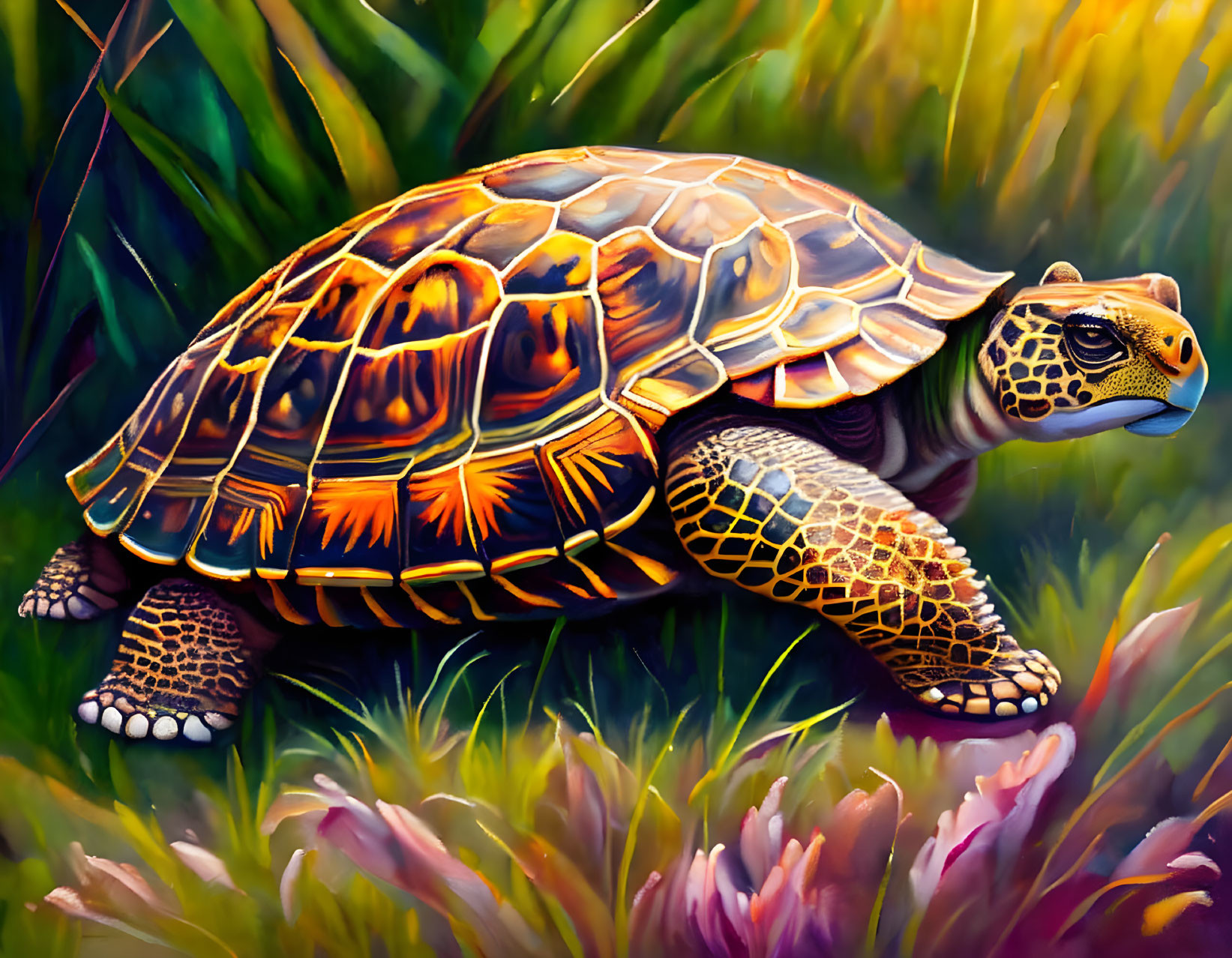 Detailed Tortoise Illustration with Vibrant Patterned Shell