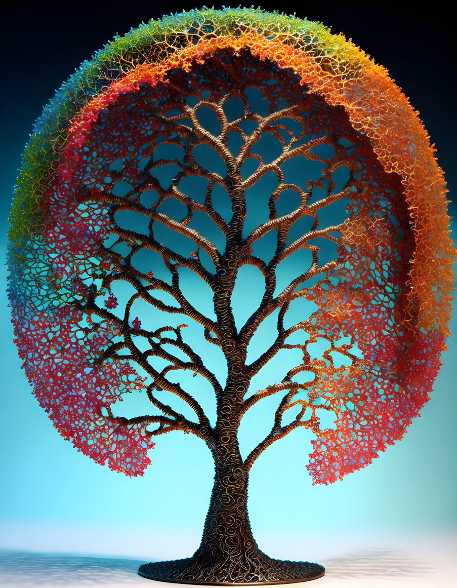 Colorful Digital Tree with Circular Canopy on Blue Gradient Background