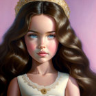 Digital painting of young girl with long wavy hair, blue eyes, gold crown, cream dress