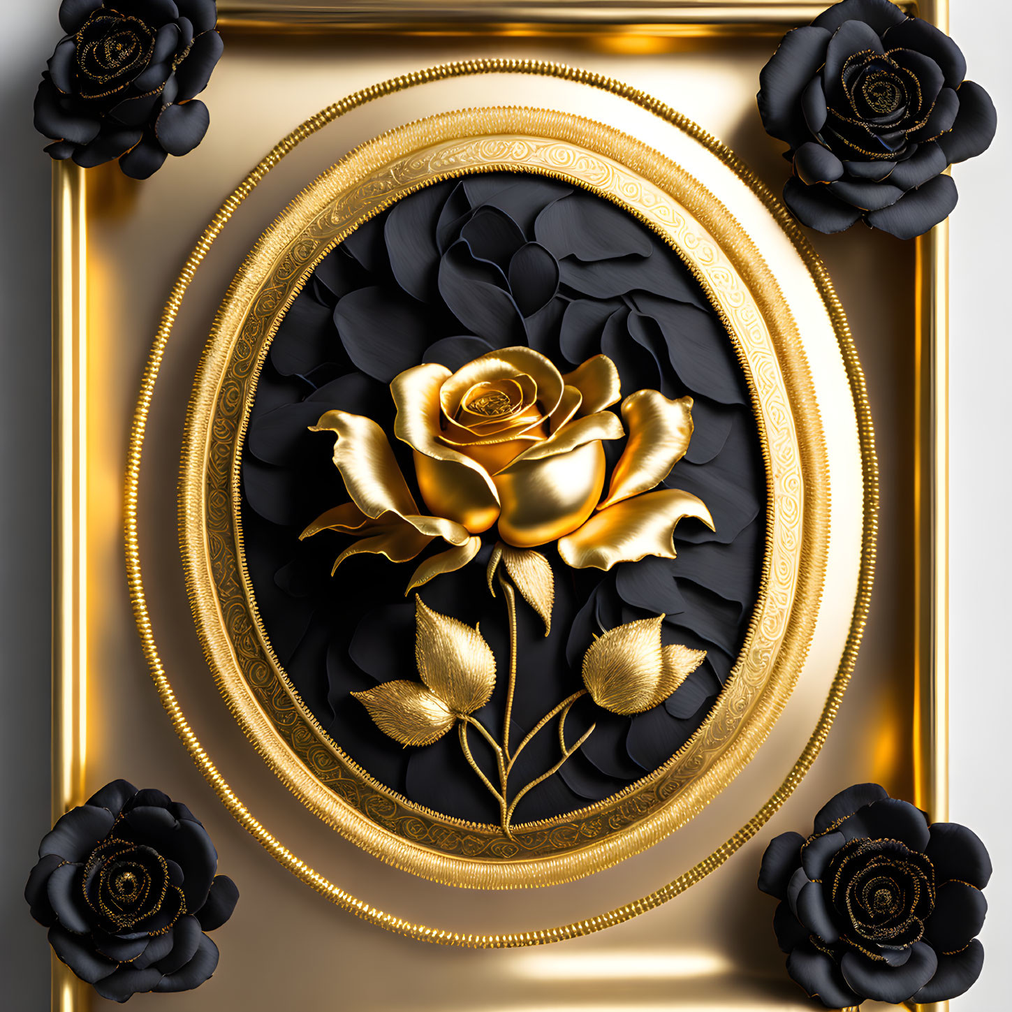 Golden Frame Surrounds Black and Gold Rose Artwork