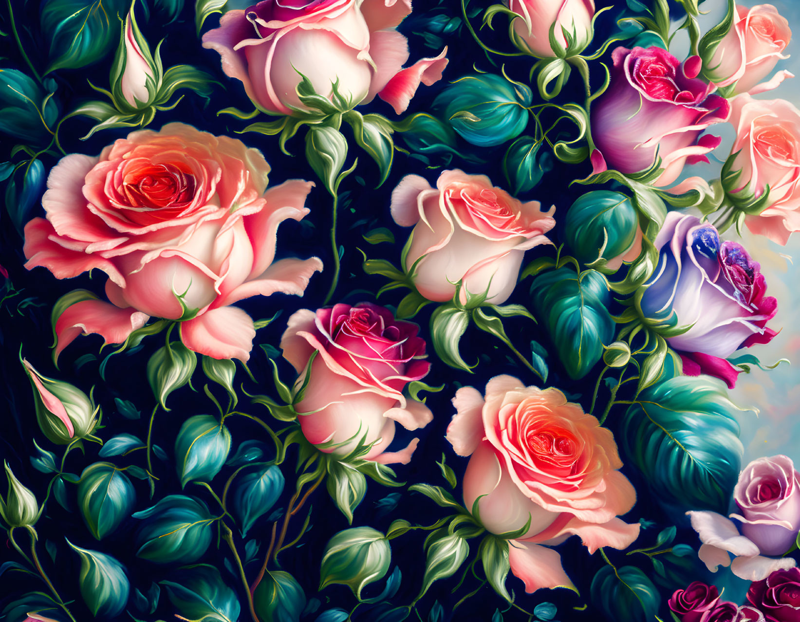 Multicolored Roses on Dark Background with Green Leaves