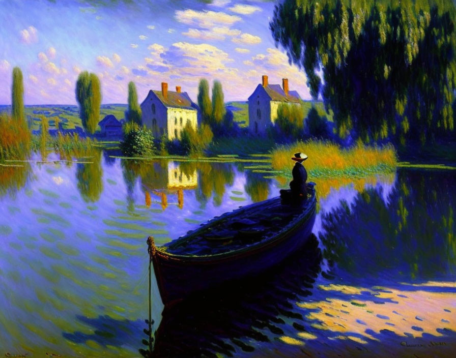 Tranquil painting of a person in a boat on a calm lake