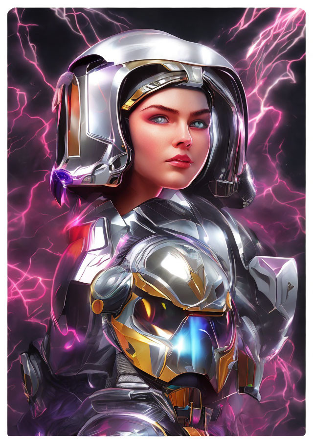 Female warrior in futuristic silver armor with blue eyes, amidst purple lightning