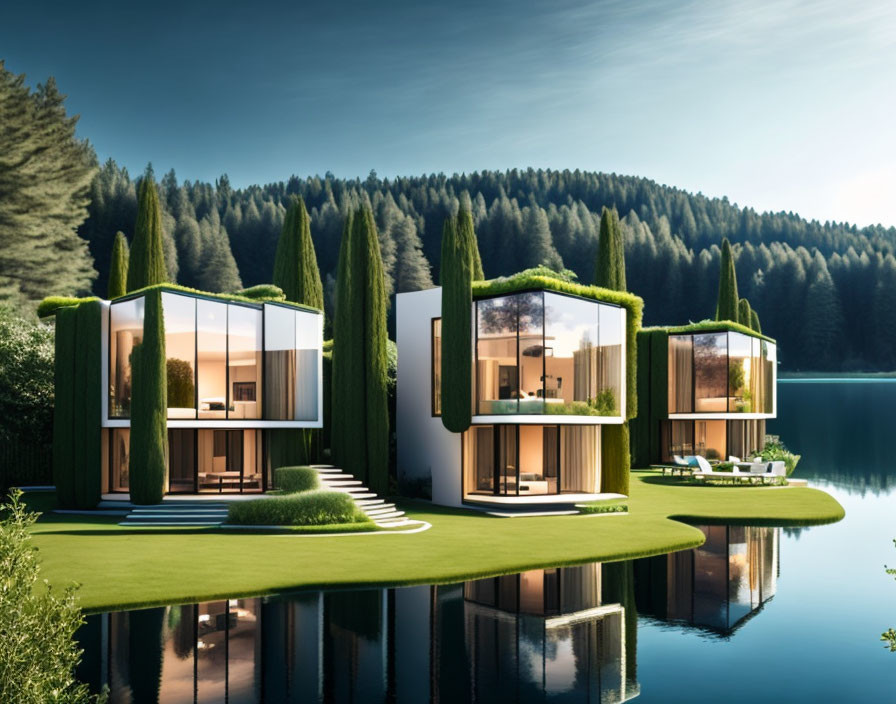 Eco-friendly houses with green roofs by calm lake & coniferous trees