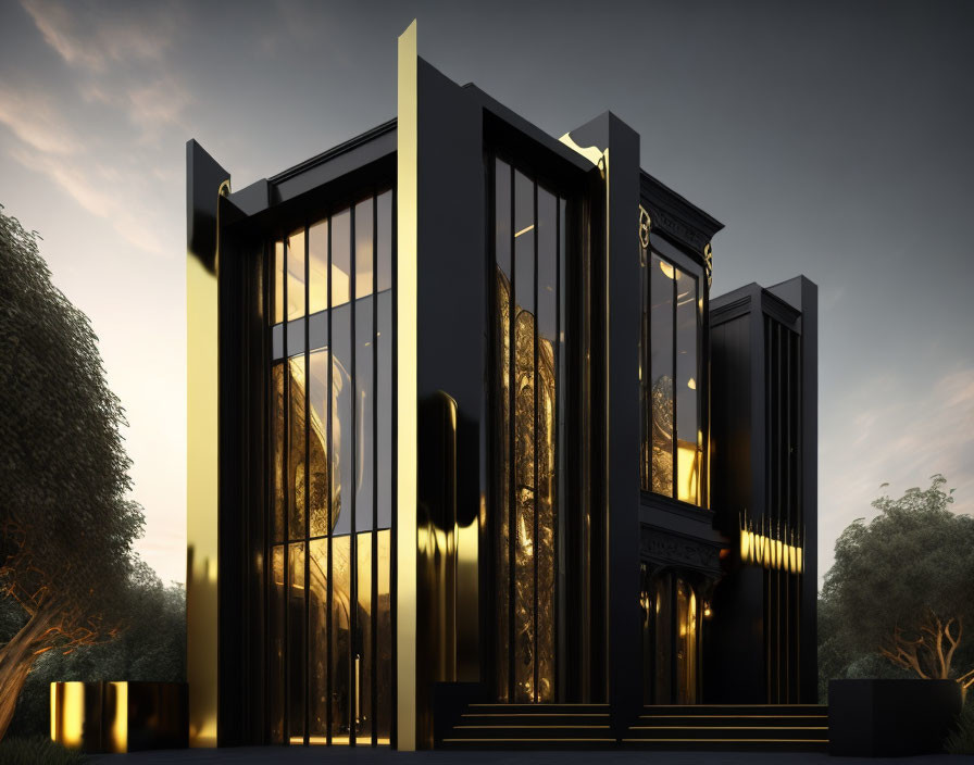 Twilight view of modern architectural structure with black columns and golden lighting