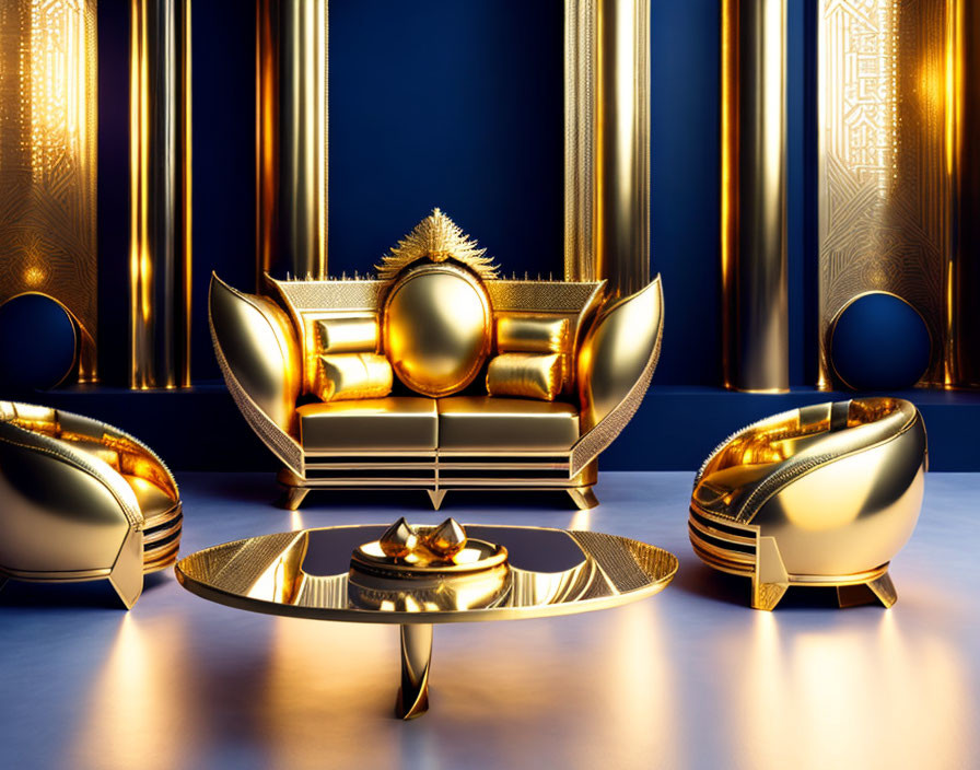 Elegant Art Deco Room with Golden Furniture on Blue Background