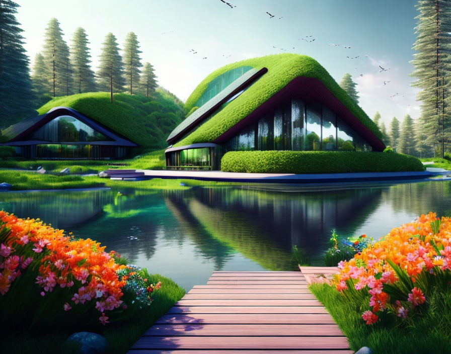 Green-roofed houses by tranquil lake with lush trees, flowers, wooden walkway, and flying