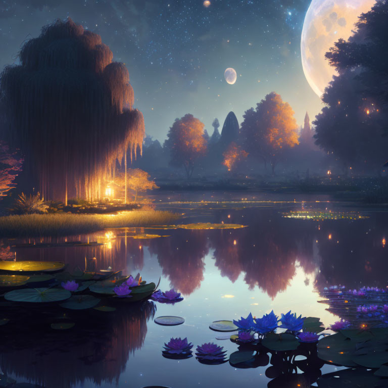 Fantasy landscape at twilight with glowing willow tree, reflective pond, distant planets, and large moon