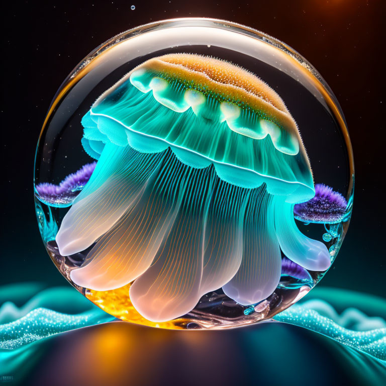 Vibrant jellyfish in transparent bubble with surreal underwater backdrop