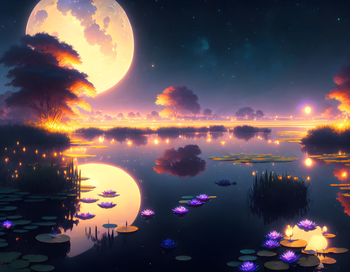 Serene moonlit landscape with water lilies and glowing trees