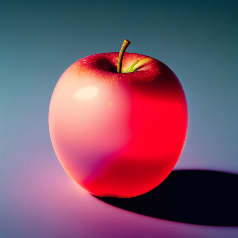 Shiny red apple on gradient blue-pink background