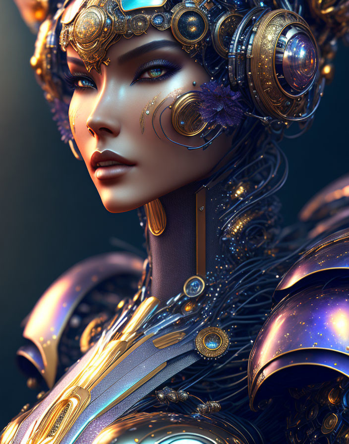 Futuristic digital artwork of a woman in gold and blue armor