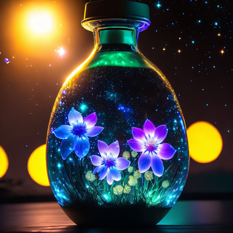 Glass flask with illuminated fantasy scene: vibrant blue and purple flowers, starry backdrop, glowing orbs.