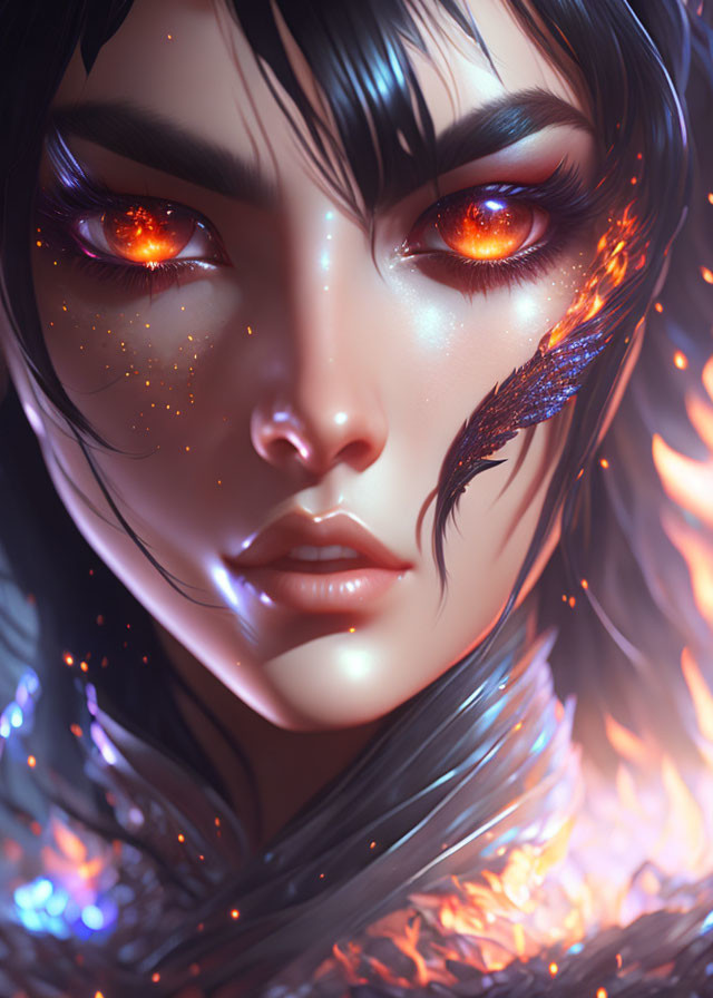 Fantasy female character with glowing orange eyes and fiery feathered necklace.