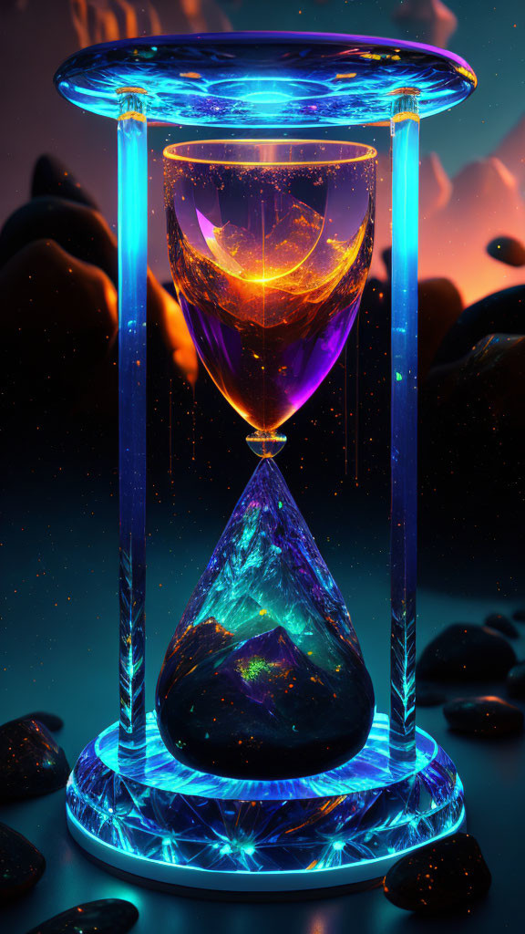 Colorful digital artwork: hourglass with galaxy swirl on dark stones & blue aura